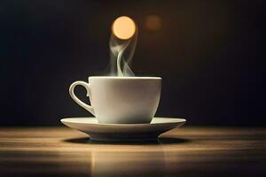 une tasse de café sur une en bois tableau. généré par ai photo