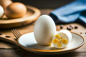 une blanc assiette avec un Oeuf sur il. généré par ai photo