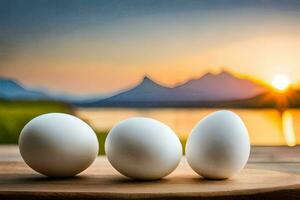 Trois des œufs sur une en bois table avec une le coucher du soleil dans le Contexte. généré par ai photo