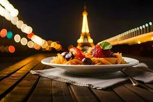 Pâtes avec baies et Eiffel la tour dans le Contexte. généré par ai photo