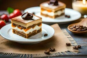 deux tranches de gâteau sur blanc assiettes avec café haricots. généré par ai photo