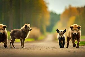 quatre animaux en marchant sur une route dans le les bois. généré par ai photo