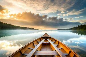 une canoë est flottant sur une Lac à le coucher du soleil. généré par ai photo