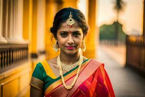 une magnifique Indien femme dans une traditionnel sari. généré par ai photo