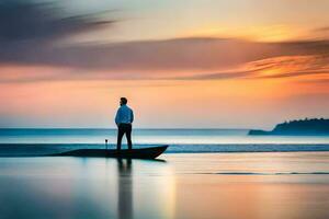 une homme des stands sur une bateau dans le océan à le coucher du soleil. généré par ai photo
