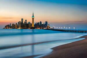 le ville horizon à crépuscule dans shanghaï. généré par ai photo