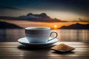 une tasse de café et une bol de sucre sur une en bois tableau. généré par ai photo