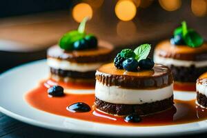 Trois desserts sur une blanc assiette avec myrtilles. généré par ai photo