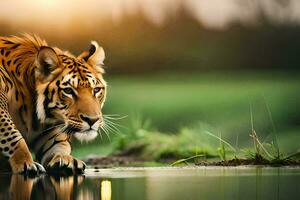 une tigre en marchant à travers le l'eau dans le herbe. généré par ai photo