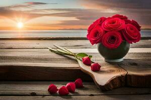 des roses dans une vase sur une en bois table avec le Soleil paramètre. généré par ai photo