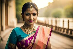 une magnifique Indien femme dans une sari. généré par ai photo