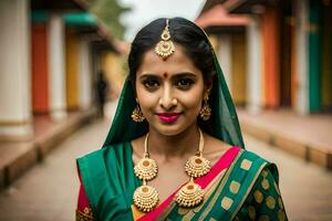 une magnifique Indien femme portant une vert sari et or bijoux. généré par ai photo