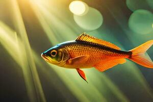 une poisson nager dans le l'eau avec brillant lumières. généré par ai photo