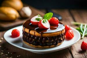 une gâteau avec Chocolat et des fraises sur une plaque. généré par ai photo