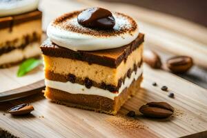 deux pièces de gâteau avec crème et café haricots. généré par ai photo