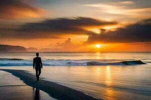 une homme en marchant sur le plage à le coucher du soleil. généré par ai photo