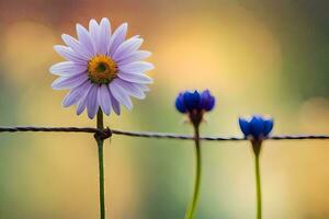 deux violet fleurs sont sur une câble clôture. généré par ai photo