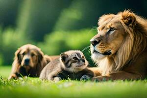 une Lion et deux chatons pose dans le herbe. généré par ai photo