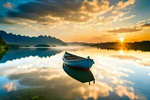 une bateau est flottant sur une Lac à le coucher du soleil. généré par ai photo