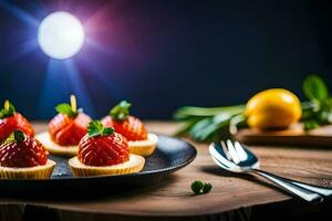 des fraises sur une assiette avec une couteau et fourchette. généré par ai photo