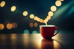 une rouge tasse de café sur une table avec bokeh lumières. généré par ai photo