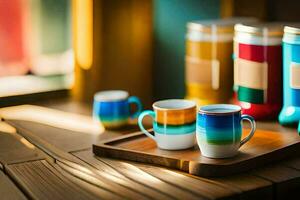 coloré café tasses et soucoupes sur une en bois plateau. généré par ai photo