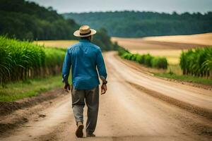 une homme en marchant vers le bas une saleté route dans de face de une blé champ. généré par ai photo