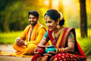 une magnifique Indien mariage couple. généré par ai photo