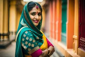 une femme dans une coloré sari pose pour une photo. généré par ai photo