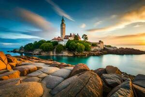 le Soleil ensembles plus de le mer et le Château dans le Contexte. généré par ai photo