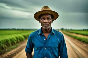 une homme dans une chapeau permanent dans une saleté route. généré par ai photo