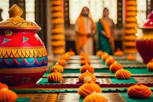 une table avec coloré des pots et bougies sur il. généré par ai photo