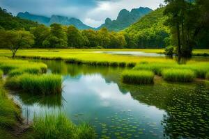 une magnifique paysage avec vert herbe et l'eau. généré par ai photo