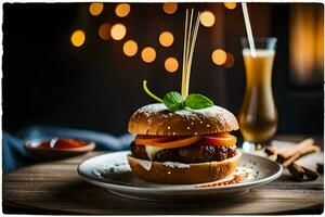 une Hamburger avec tomate et ketchup sur une plaque. généré par ai photo