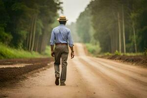 une homme dans une chapeau des promenades vers le bas une saleté route. généré par ai photo