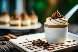 une dessert avec fouetté crème et Chocolat puces. généré par ai photo