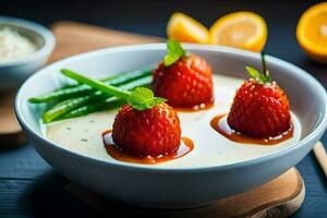 Trois des fraises sont dans une bol avec crème et vert herbes. généré par ai photo