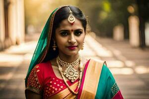 magnifique Indien la mariée dans traditionnel sari. généré par ai photo