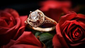 photographier un élégant engagement bague avec une radiant topaze niché dans une lit de des roses. génératif ai photo