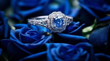 photographier un élégant engagement bague avec une radiant lapis Lazuli niché dans une lit de des roses. génératif ai photo