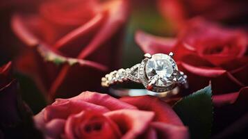 photographier un élégant engagement bague avec une radiant jade niché dans une lit de des roses. génératif ai photo
