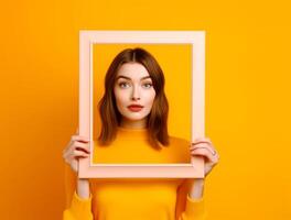 gracieux femme mains en portant papier Cadre ai généré photo