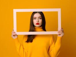 féminin mains en portant vide Cadre ai généré photo