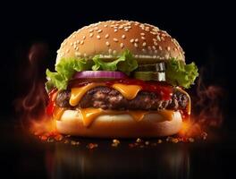de face vue savoureux Viande Burger avec fromage et salade sur foncé Contexte ai généré photo