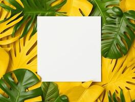 Vide papier avec tropical feuilles et fleurs. plat poser, Haut voir, copie espace ai généré photo