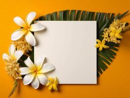 Vide papier avec tropical feuilles et fleurs. plat poser, Haut voir, copie espace ai généré photo