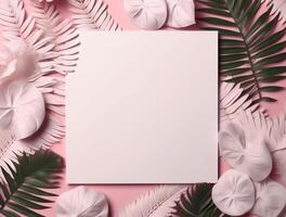 Vide papier avec tropical feuilles et fleurs. plat poser, Haut voir, copie espace ai généré photo