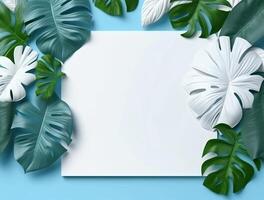 Vide papier avec tropical feuilles et fleurs. plat poser, Haut voir, copie espace ai généré photo