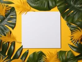 Vide papier avec tropical feuilles et fleurs. plat poser, Haut voir, copie espace ai généré photo