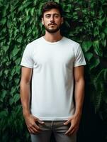 Hommes Vide blanc T-shirt pour maquette conception ai génératif photo
